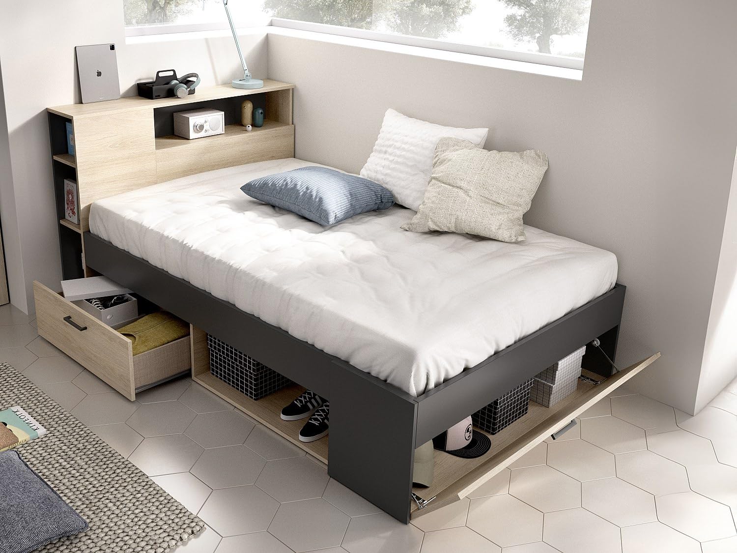 Vente-unique-Lit avec tête de lit rangements et tiroirs - 120 x 190cm - Coloris : Naturel et Anthracite + Sommier - Leandre