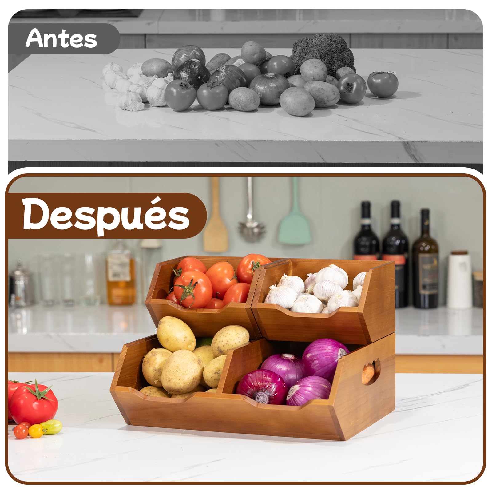 Aquzee Caja para Guardar Patatas de 2 Capas, Apilable Cesta para Patatas y Cebollas de Madera Juego de 3 Piezas, Desmontable Almacenaje Cocina Adecuado para Ajo, Cebolla, Verduras, Frutas y Pan