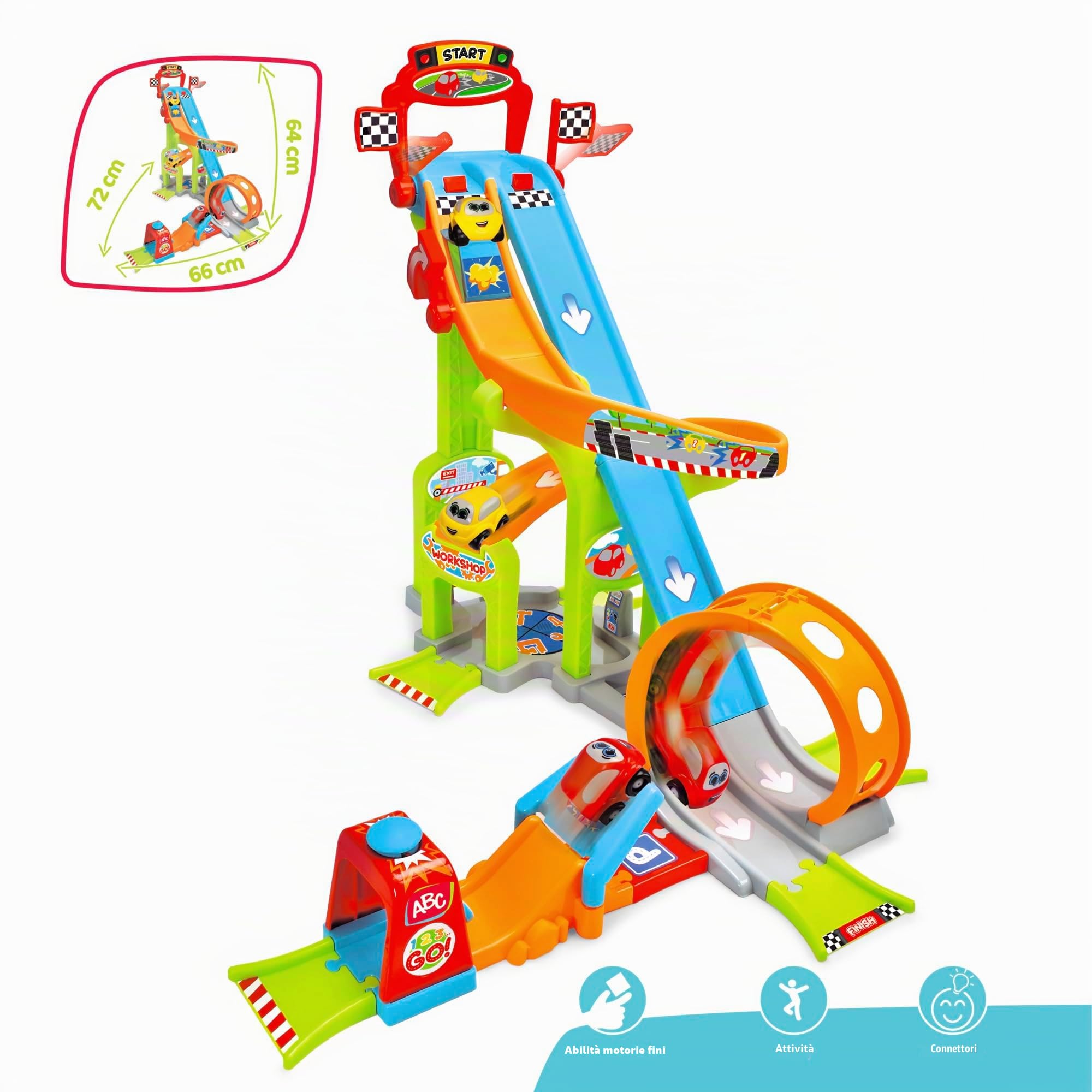Dickie Toys ABC - Jays Jump N Fun Tower (66 x 72 x 64 cm) – pista da corsa per auto a partire da 1 anno con Looping, Schanze & 2 auto giocattolo, autostrada giocattolo per neonati e bambini dai 12