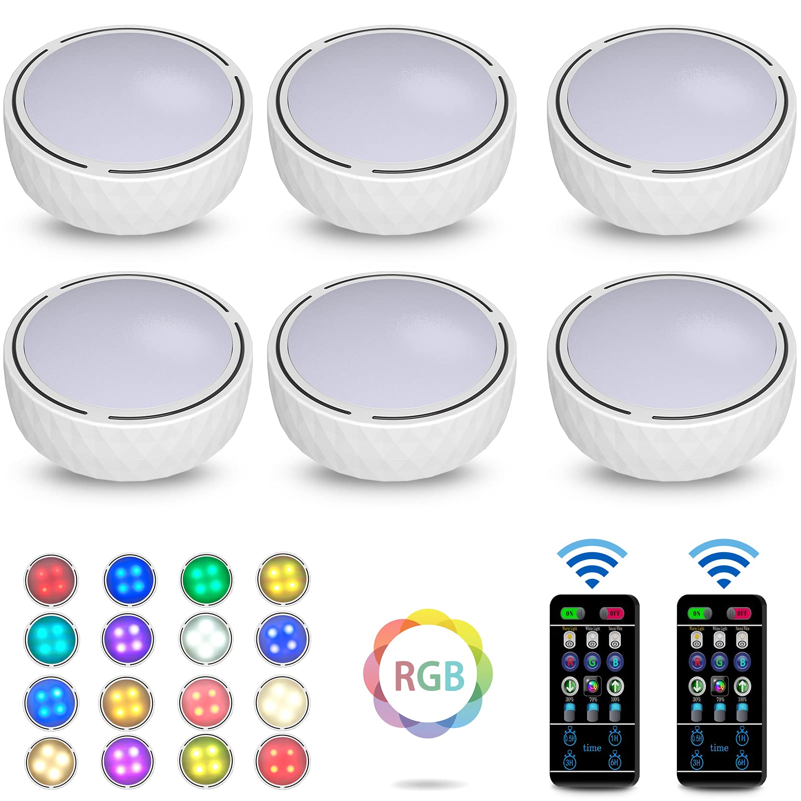 Bawoo Under Cabinet Lights, RGBW Wireless LED Puck Lights Remote Control,3500/4500/6000K Dimmable Battery Powered Atmosphere Night Light for Kitchen Wardrobe Cupboard Color Changing,6 Pack (White) โ image 1