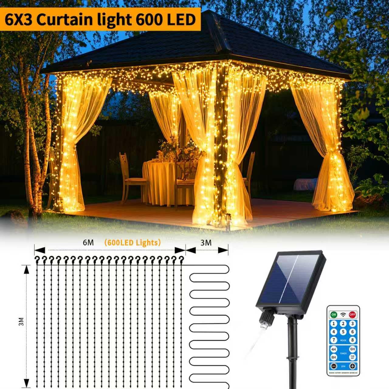 Solar Vorhanglichter 6×3m mit 600 LEDs, 8 Lichtmodi wasserdichte Solar Wasserfall Lichterkette mit Fernbedienung & Timer, Außendeko für Balkon, Pavillon und Hochzeiten