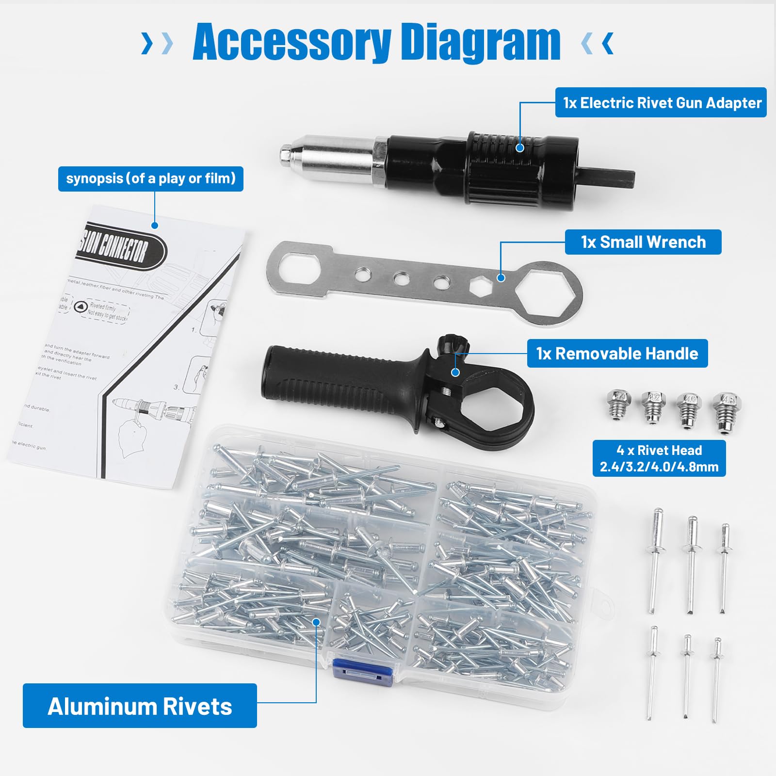 LALAGO Pinze per rivetti con 180 pezzi di rivetti ciechi, adattatore per rivetti per trapano avvitatore a batteria, adattatore elettrico per rivetti ciechi, kit di adattatori con 6 misure Pop rivetti