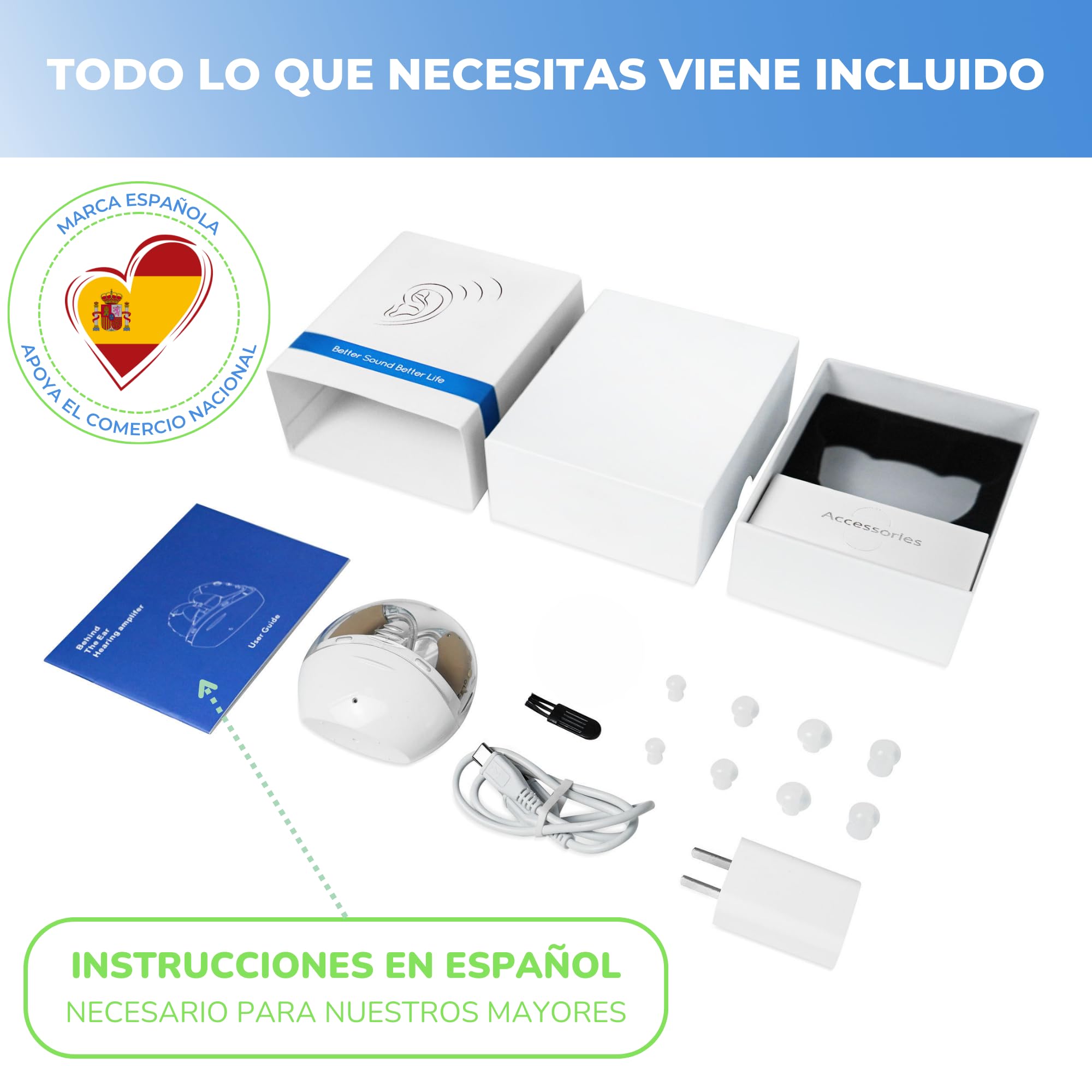 Amplificador de Sonido Recargable, Amplificador Auditivo BTE, Estuche Portátil Carga Rápida, 2 Unidades Intercambiables Válidas para Ambas Orejas, Manual en Español, Larga Duración 60 Horas