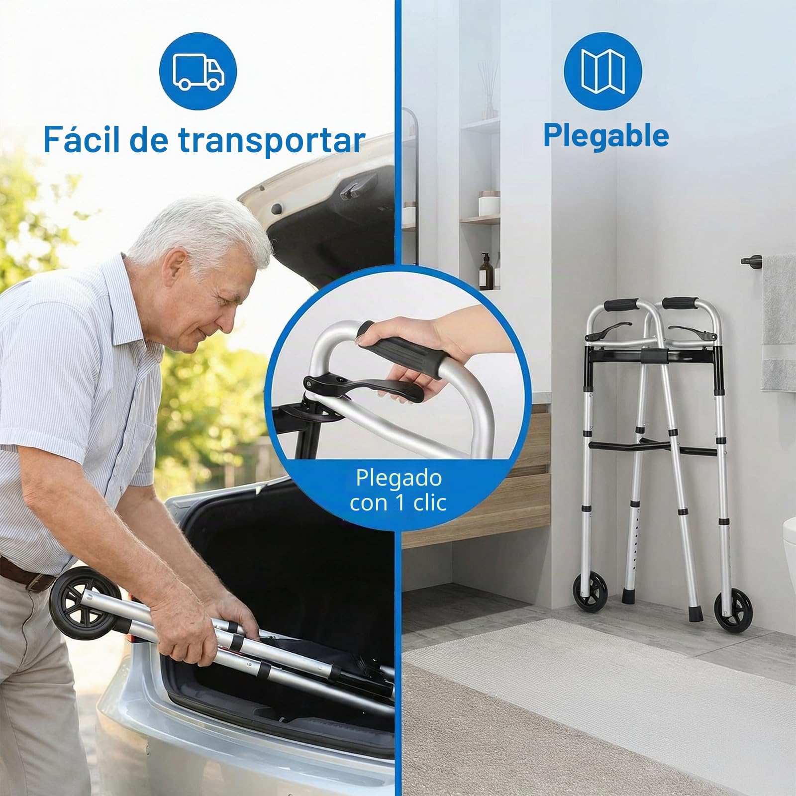 Andador para Personas Mayores, Plegable con Ruedas, Caballete Ligero de Altura Regulable de Aluminio, Gehgestell con Altura Regulable en 8 Niveles y Anchura Ajustable en 5 Posiciones
