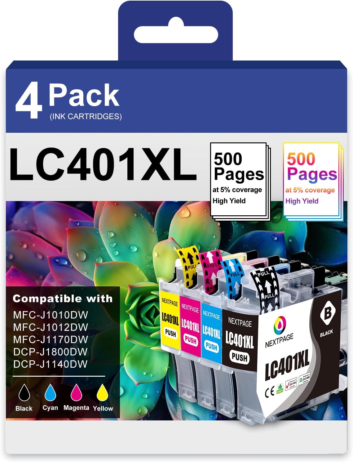 NEXTPAGE LC401XL MFC-J1010DW Ink Cartridges for Brother Printer LC401XL LC401 for MFC-J1010DW MFC-J1170DW MFC-J1012DW MFC-J1800DW MFC J1010DW - 4 Pack High Yields Black Cyan Magenta Yellow