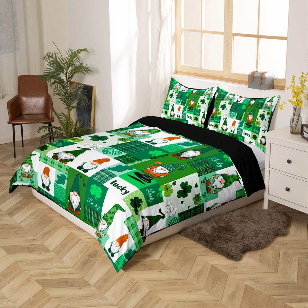 jejeloiu St.Patrick's Day Bedding Set King Size Plaid Buffalo Check Comforter Cover Set for Boys Girls Teens Four Leaf Clover Duvet Cover Green Leopard Bedspread Cover Room Decor