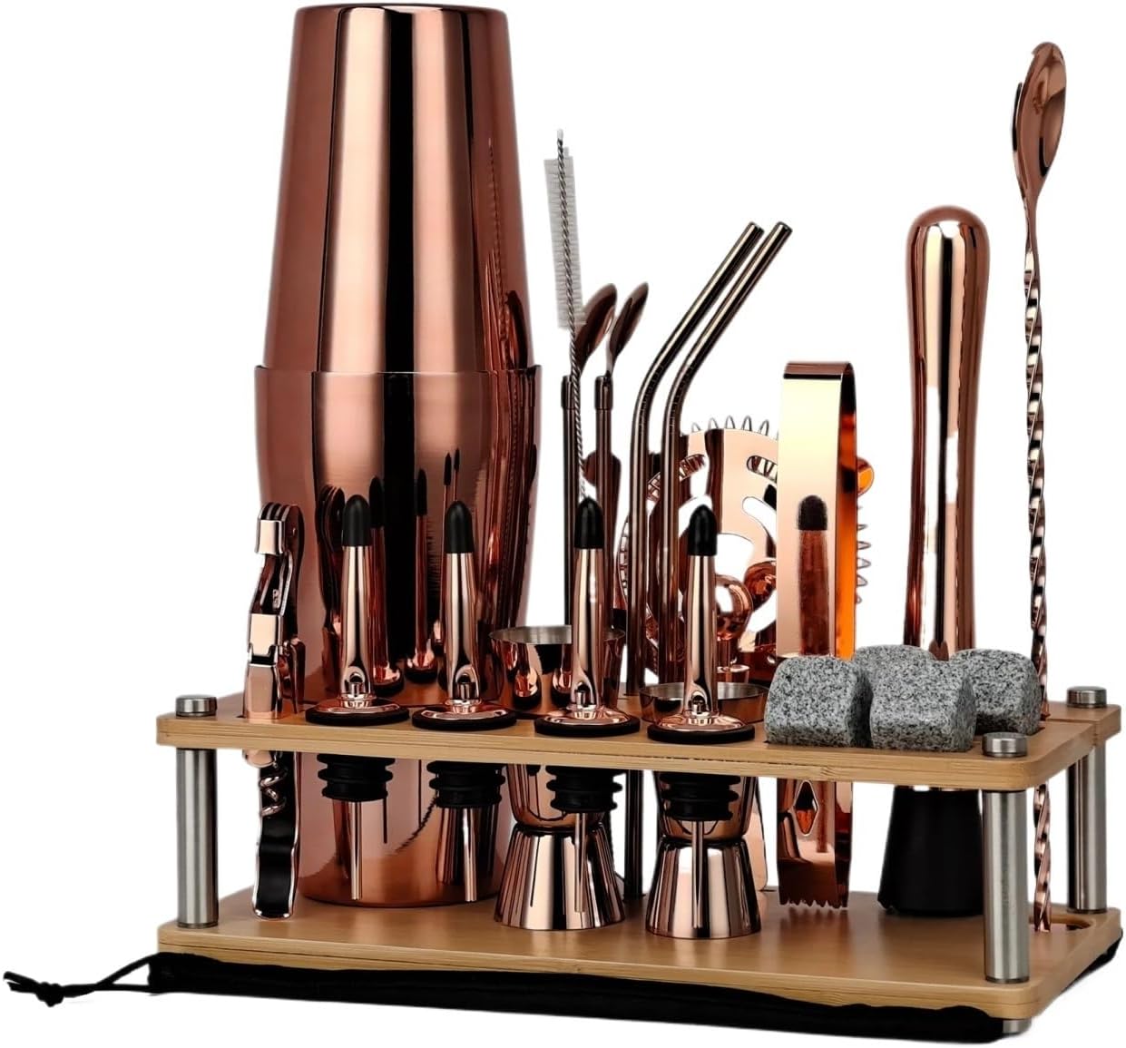 Wooden Stand Cocktail Shaker Set, 15pcs Bar Tool Kit with Metal Bartender Accessories for Home Bar(Blue)