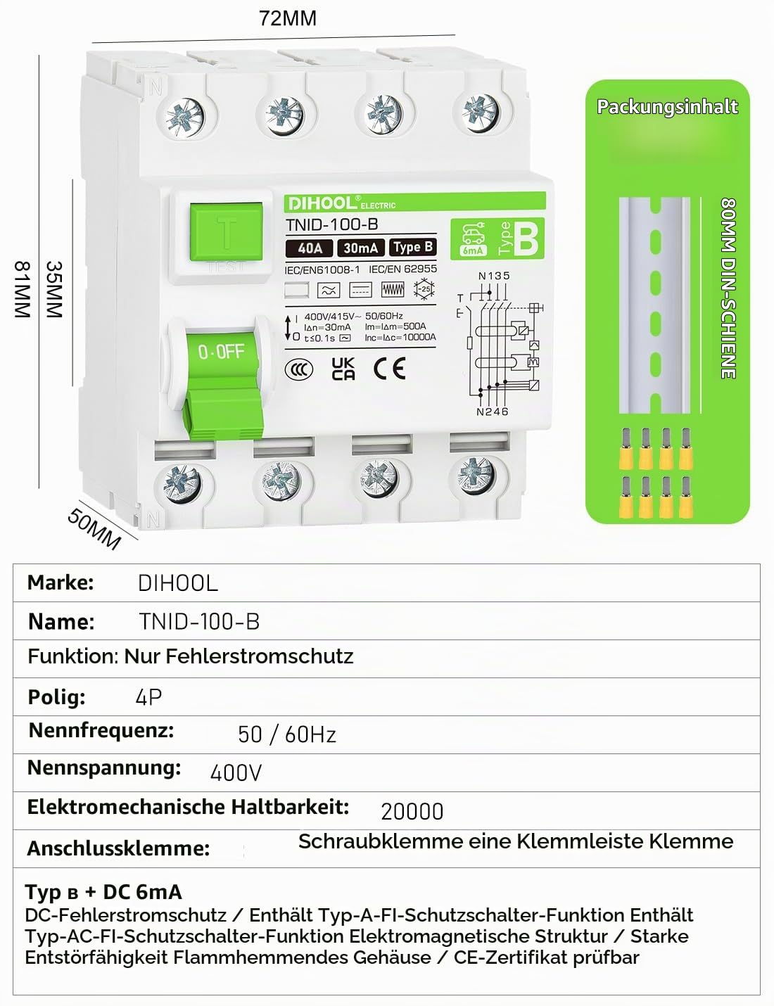 DIHOOL RCD typ B FI schutzschalter 40A 30mA 4 polig DC 6MA elektrofahrzeug ladegerät