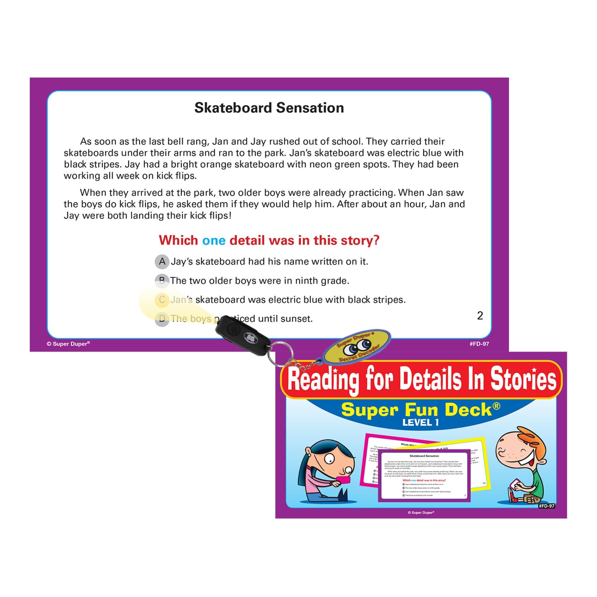 Super Duper Publications | Lecture pour plus de détails dans les histoires Cartes flash amusantes avec décodeur secret | Ressource d'apprentissage éducative pour les enfants