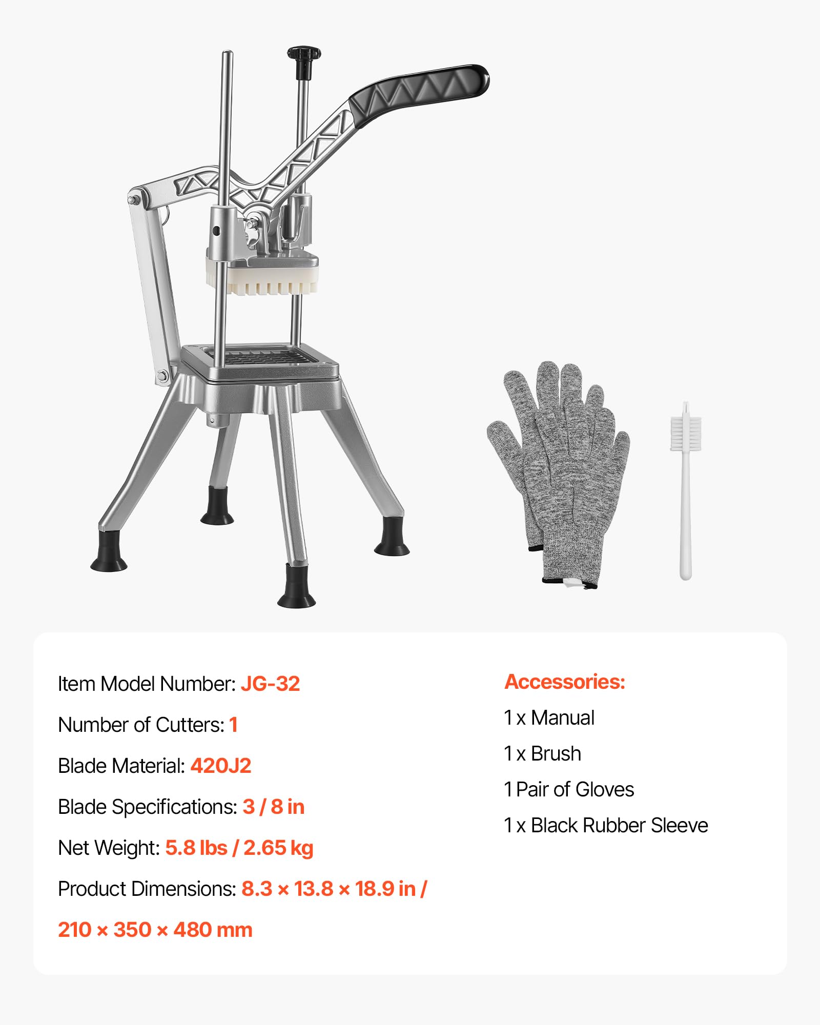 VEVOR Pommes-Frites-Schneider, Kartoffelschneider mit 3/8 Zoll Klinge aus 420J2-Edelstahl, Pommesschneider, Frittenschneider, Obstschneider, mit Ergonomischem Griff, für Restaurants Cafeterias