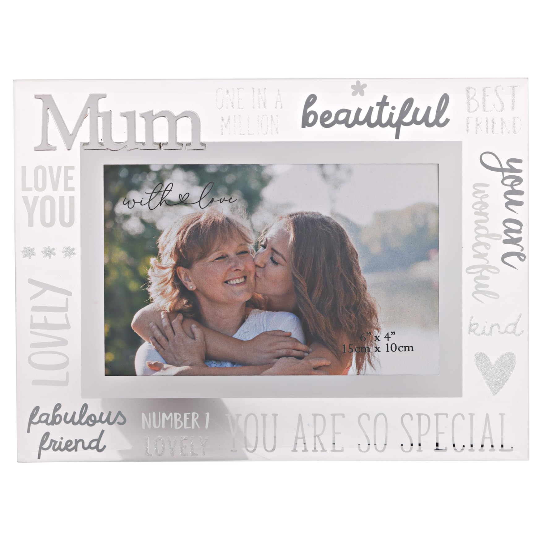 Widdop And Co Silver With Love - Glass Picture Frame 3D - Mum - 6" X 4" - Horizontal Single Aperture Free-Standing Easel Back - Memories, Keepsake, Mum, Dad & Kids, Home Gifting & Homeware - H: 22 X W: 17Cm. Size 3