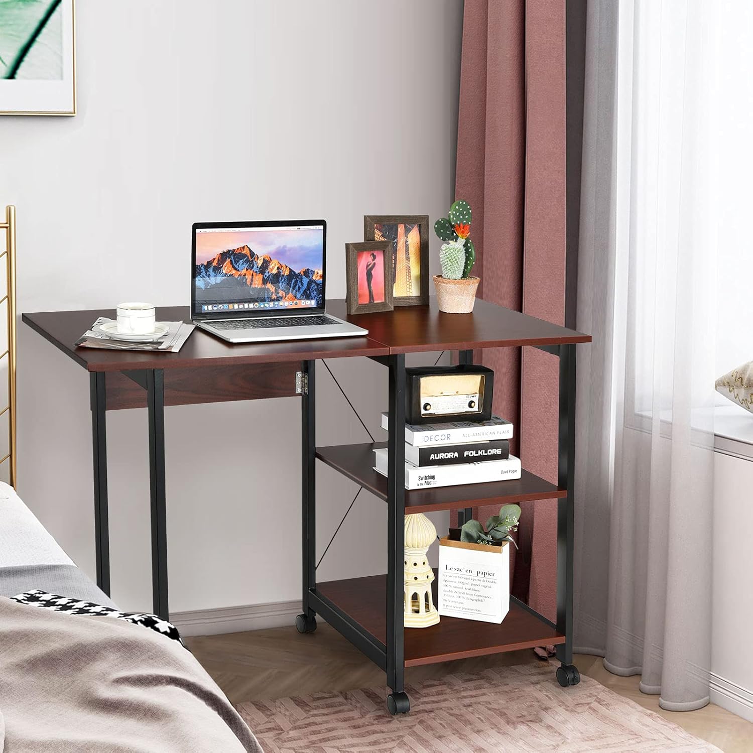 Tangkula Mobile Folding Computer Desk, Modern Writing Desk w/ 2-Tier Storage Shelves, PC Laptop Study Desk Workstation w/ 6 Wheels, Space Saving Compact Home Office Desk for Small Apartment (Brown)