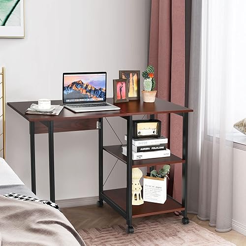 Miniatura 5 de Tangkula Escritorio plegable móvil para computadora, escritorio moderno con estantes de almacenamiento de 2 niveles, escritorio de estudio para