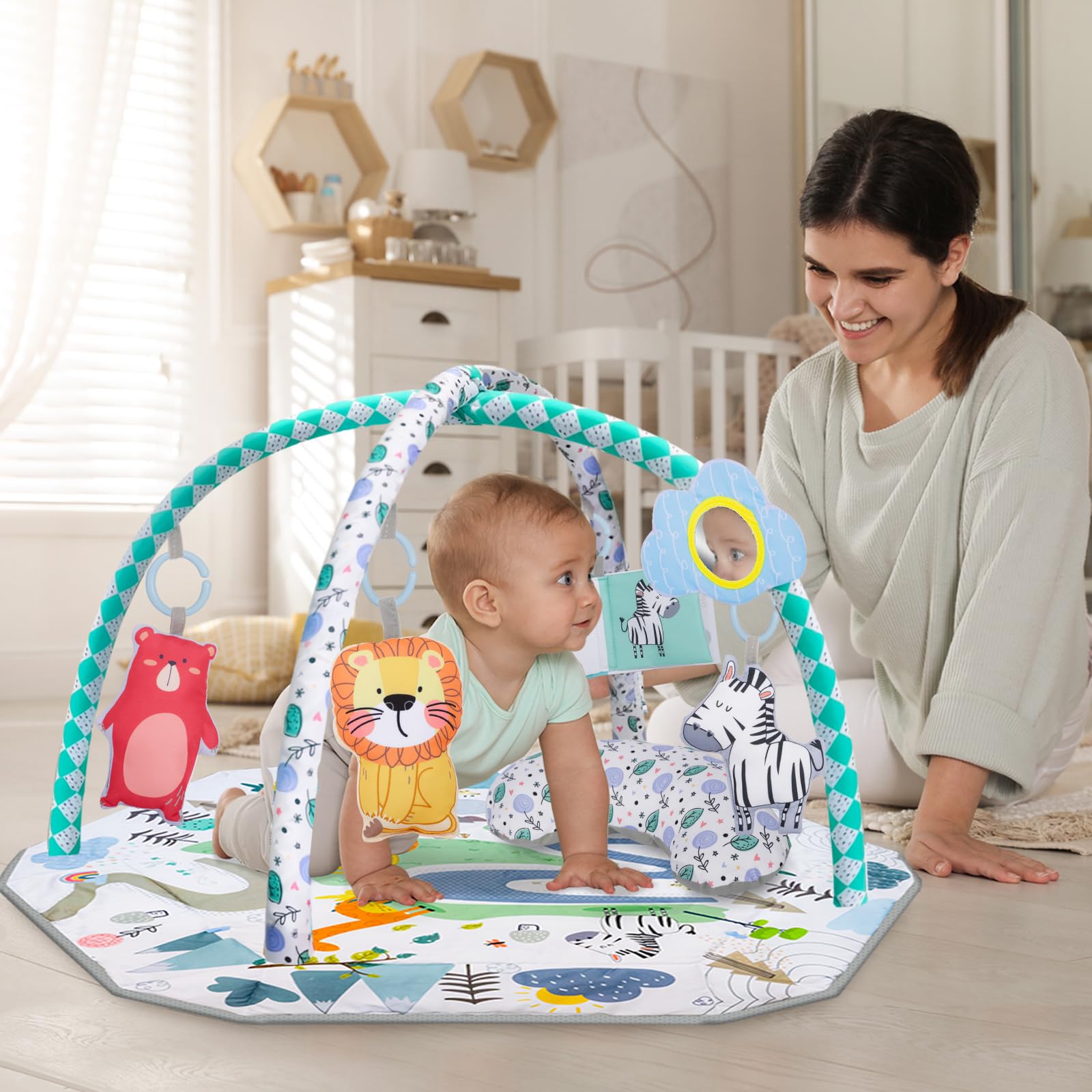 6 in 1 Palestrina Neonato Multifunzione, Tappeto Giochi Neonato, Giocattoli Staccabili, Stimola Sviluppo del Neonato con Tante Attività, Arco di Gioco, 0+ Mesi