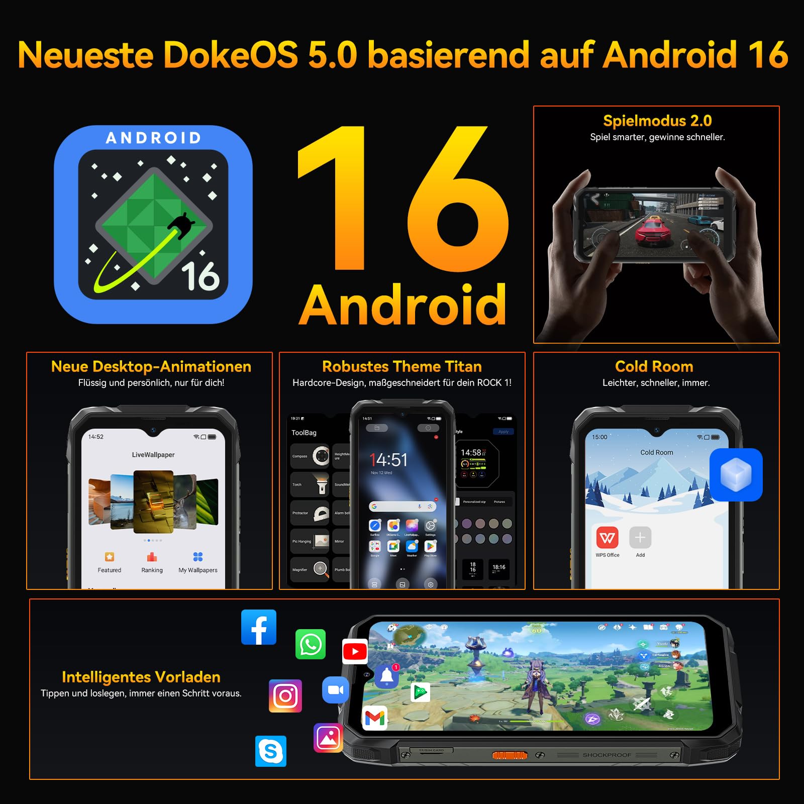 Blackview Rock 1 Android 16 Outdoor Handy für Baustelle &Camping, 15000mAh Dual-Screen Smartphone Ohne Vertrag, 20MP Nachtsicht,IP69K Wasserdicht, 24GB+256GB,Gemini AI/NFC/3 Jahre Garantie