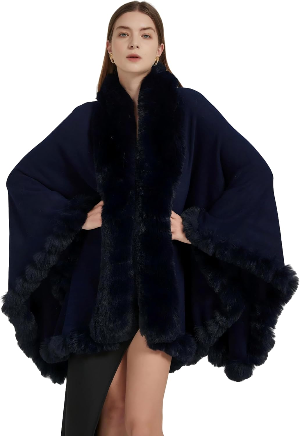 Faux Fox Fur Trim Cardigan Cloak Shawl Wraps Winter Poncho Oversized Cape