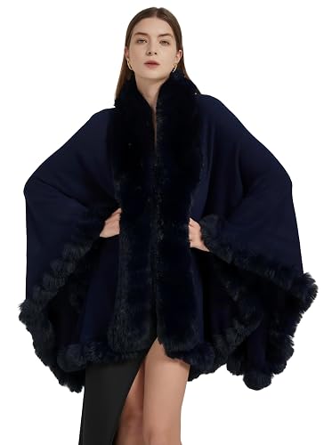 Tngan Faux Fox Fur Trim Cardigan Cloak Shawl Wraps Winter Poncho Oversized Cape - One Size Navy