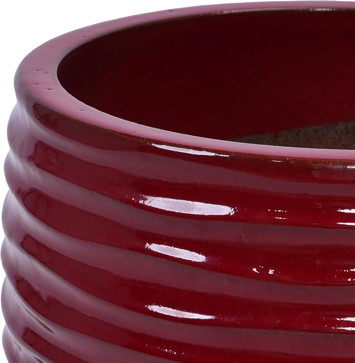 Glazed Fluted Ceramic Planters Set of 3 for Indoor Outdoor Plants, 15/11/8 Inch Large Flower Pots with Drainage, Horizontal Ribbed Texture Distressed Ceramic Planters for Garden Living Room Red