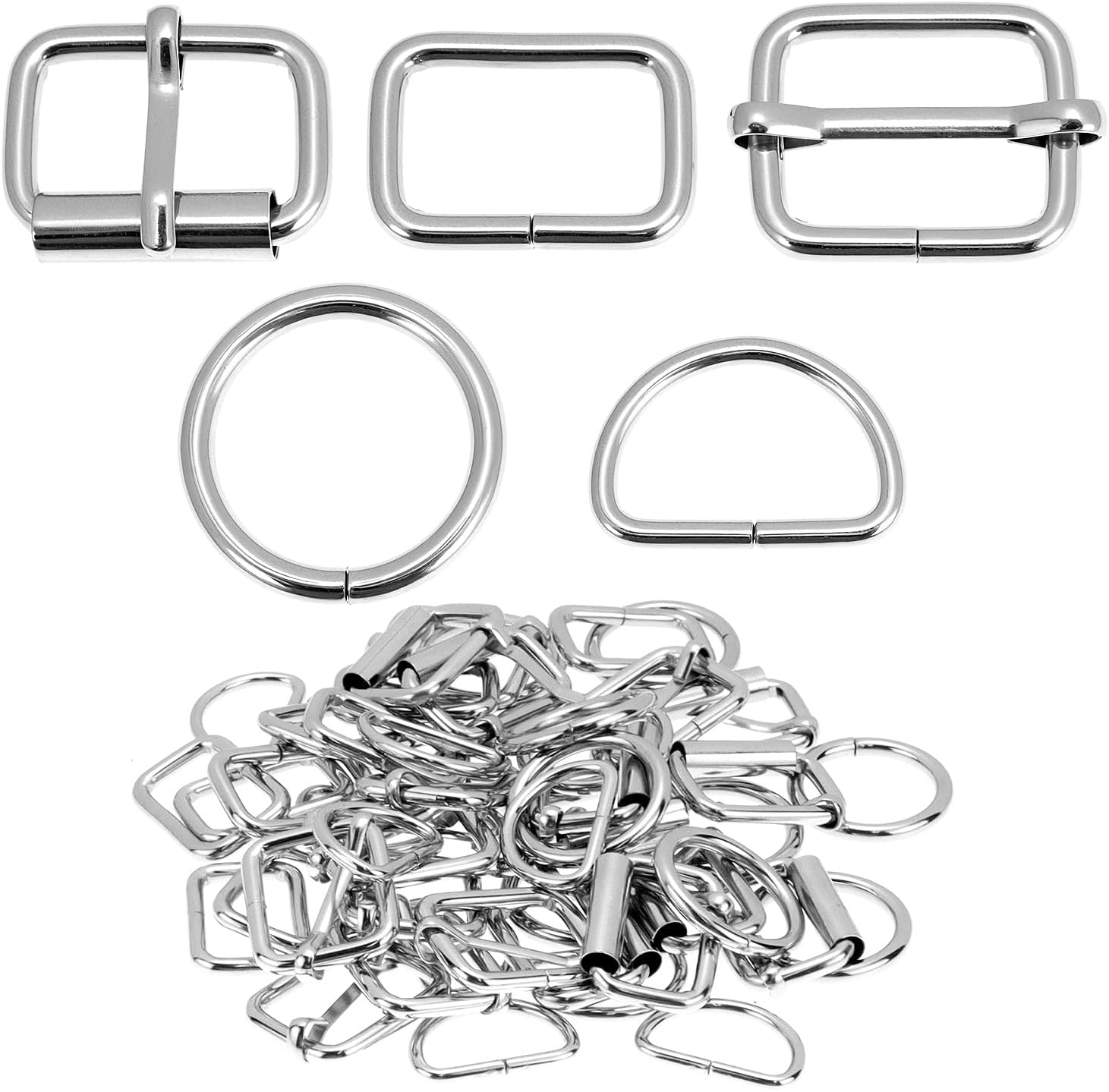 QWORK 1" Silver Metal Belt Buckle Set of 50, 5 Styles Roller Adjustable D Round Square Rings, Heavy Duty Buckles for Bags Belts Dog Collars Purse DIY Craft