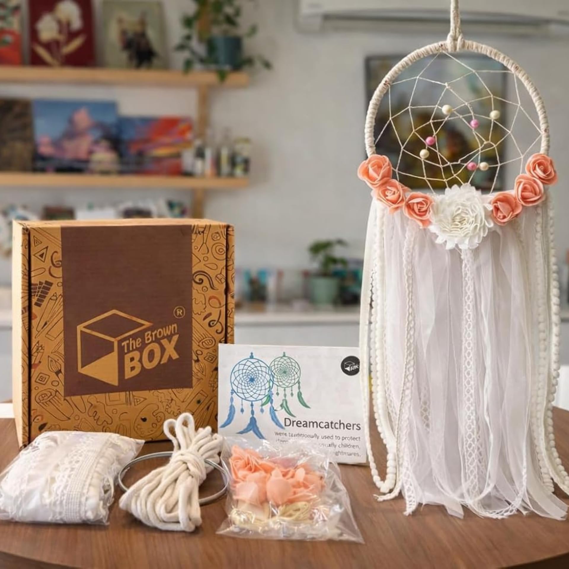 The brown box DIY Dream Catcher Making Kit for Kids & Adults | Complete Art & Craft Set with Ribbons, Beads & Flowers | Screen-Free Creative Hobby | Birthday & Christmas Gift, Return Gift