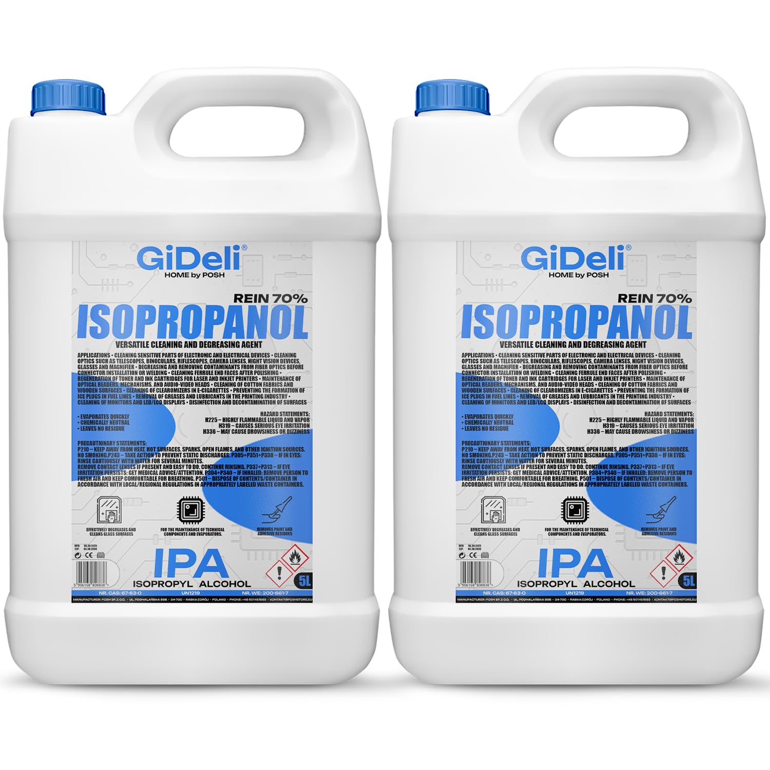 GiDeli Isopropanol 70% 2 x 5 litros limpiador de alcohol isopropílico alto porcentaje de alcohol isopropílico IPA para limpieza de componentes electrónicos, lentes y pantallas