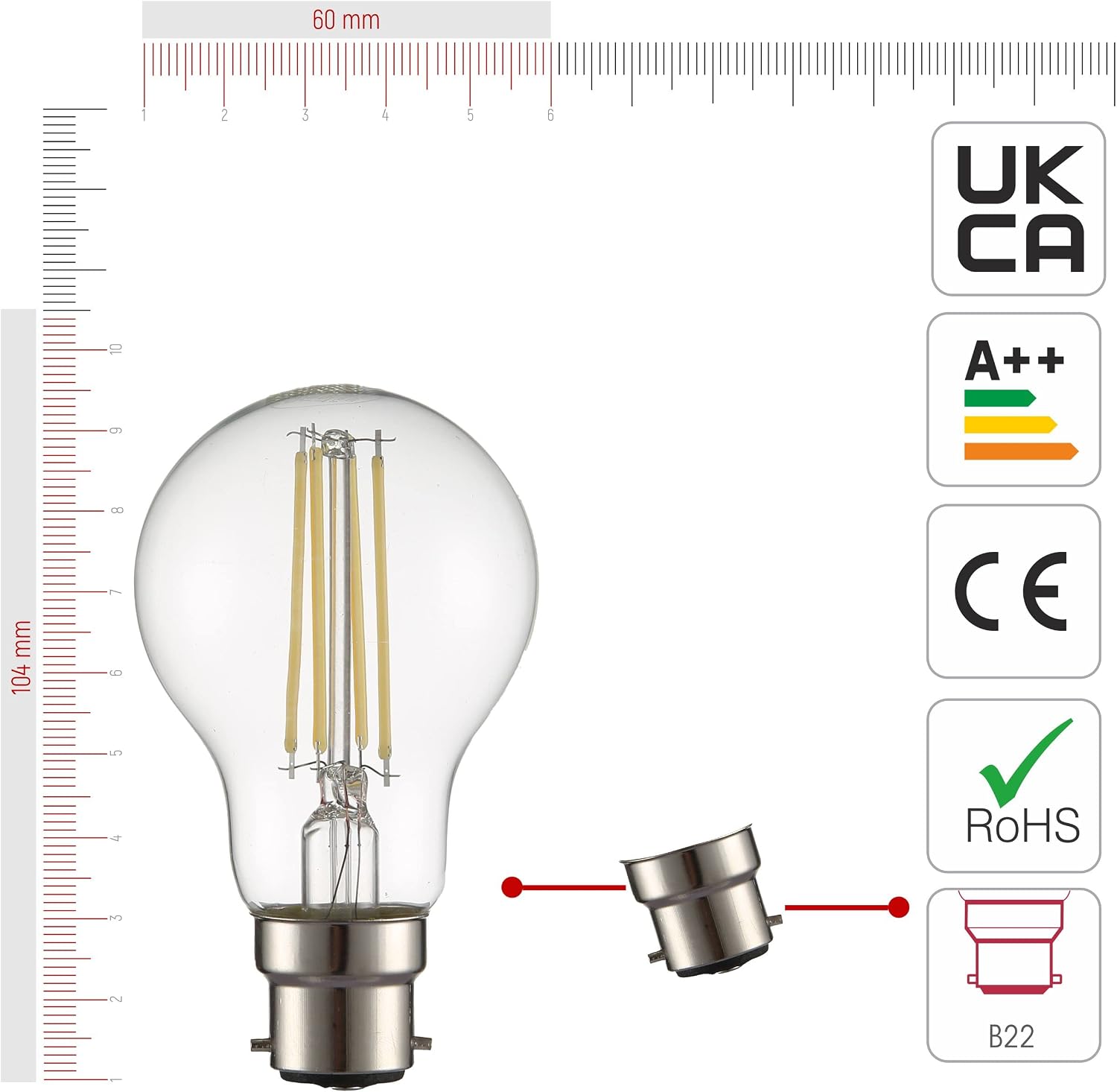 TEKLED® A60 Filament Vintage LED Bulbs | B22 Bayonet Cap | Energy Saving 6.5W Light Bulb 60W Equivalent | NONDIMMABLE Clear 4000K 806LM | 4-Pack | Cool White - Image 3
