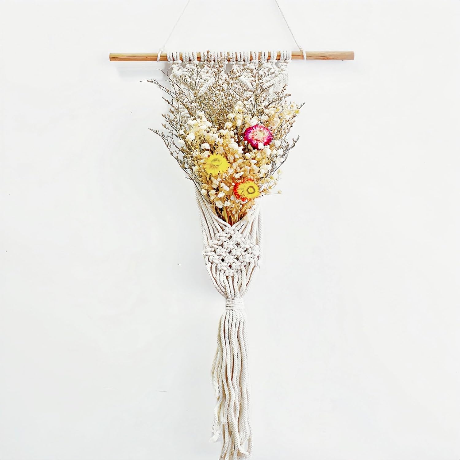 Boho Macrame Wall Decor with Dried Flowers,Natural Dried Chrysanthemum in Tapestry Wall Hanging,Flowers Bouquet Hanging Plants for Home Bedroom Living Room College Classroom Nursery Bedroom Craft