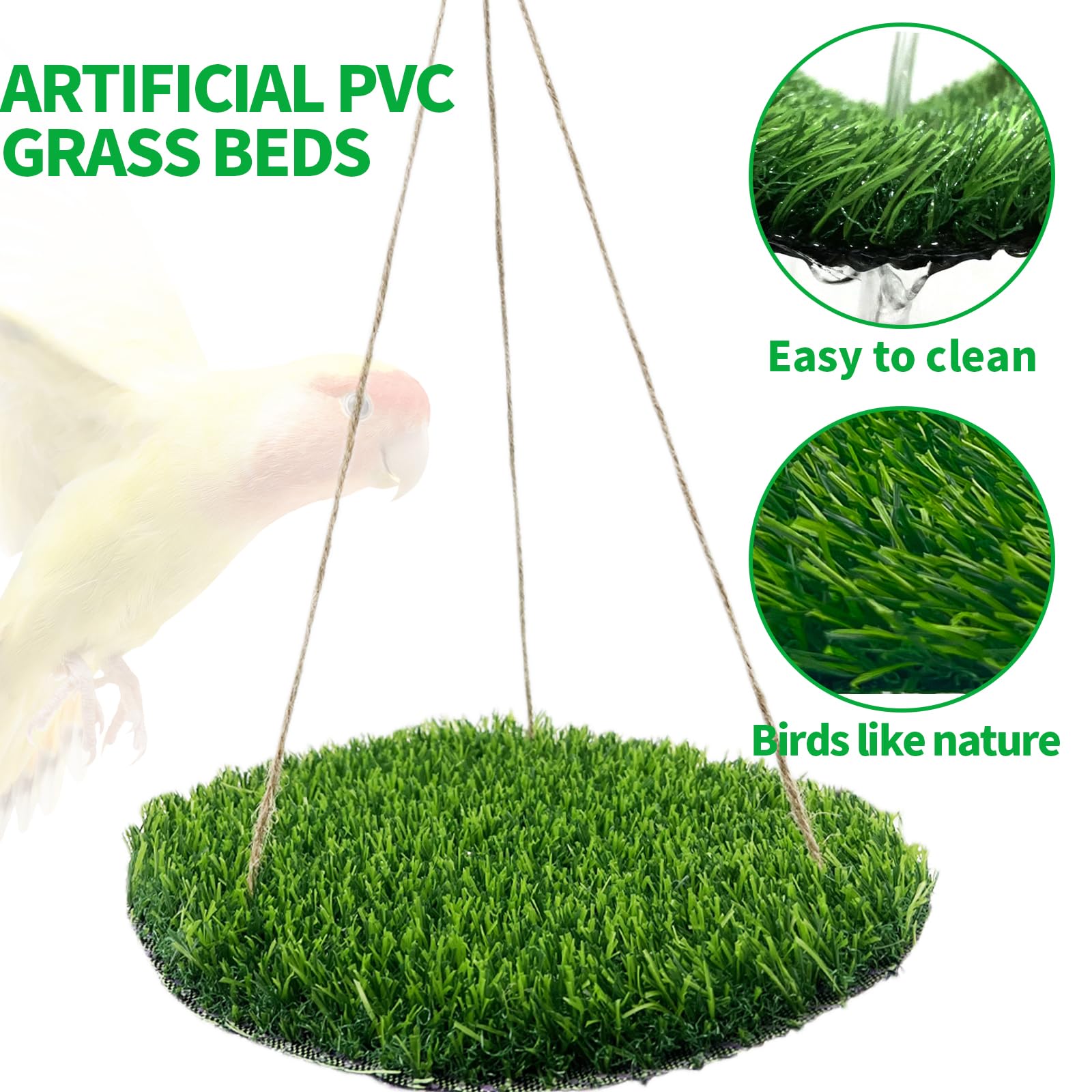 FlidRunest Large Bird Foraging Mat Toys, Natural Bird Grass Hammock Swing Toy with Hooks, Climbing Perch Hanging Toy for Parakeets, Parrot, Cockatiels, Bearded Dragon, Snake