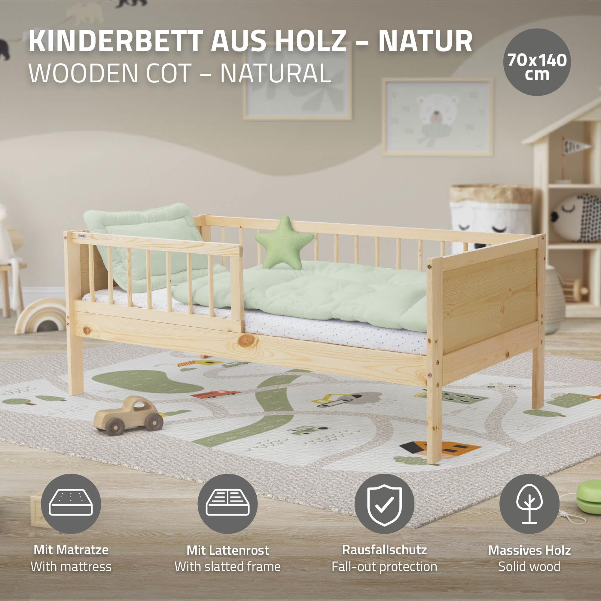 ML-Design Cama Infantil Natural con Colchón De Espuma Fría 70x140cm Madera de Pino Maciza con Somier de Láminas y Protección Anticaída Estructura Robusta Mueble de Dormitorio para Niños/Bebés
