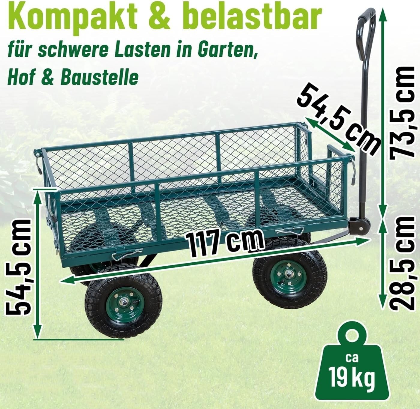 Gitterwagen Transportwagen bis 300kg – Robuster Handwagen mit Luftreifen, Abnehmbare Gitterwände, Ideal für Garten, Hof, Baustelle, Metallkonstruktion, Belastbar für schwere Lasten