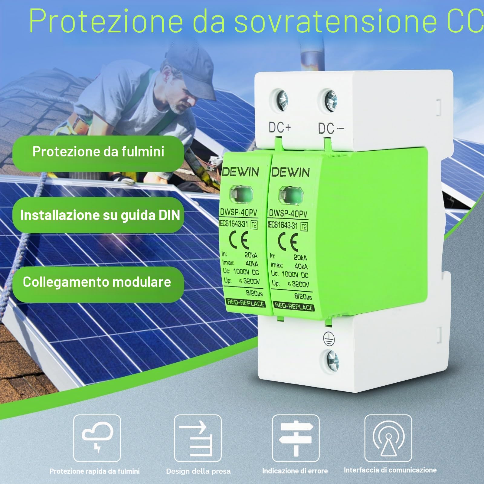 DEWIN Scaricatore di Sovratensione 2P 40KA DC 1000V Fotovoltaico Protezione Fulmini