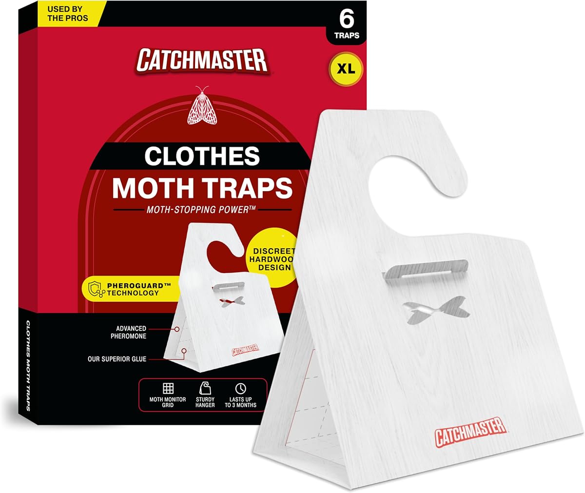 Catchmaster Trampas para polillas para ropa con tecnología de feromonas inodoro extrafuerte de primera calidad – Diseño de madera dura XL, pegamento extrafuerte – Trampas y objetivos para fabricación de cajas y polillas de correas – Paquete de 6
