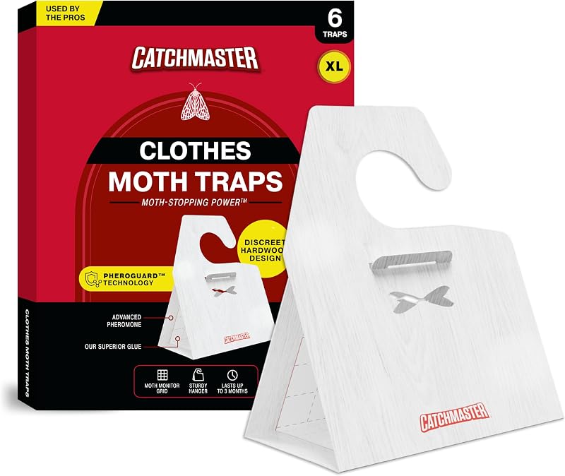 Catchmaster Trampas para polillas para ropa con tecnología de feromonas inodoro extrafuerte de primera calidad – Diseño de madera dura XL, pegamento extrafuerte – Trampas y objetivos para fabricación de cajas y polillas de correas – Paquete de 6