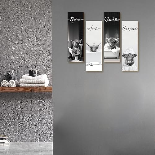 Miniatura 4 de YLOLUL 4 piezas de decoración de baño de vaca de las tierras altas de Navidad de madera Relax Soak Unwind Breathe Farmhouse rústico cartel colgante