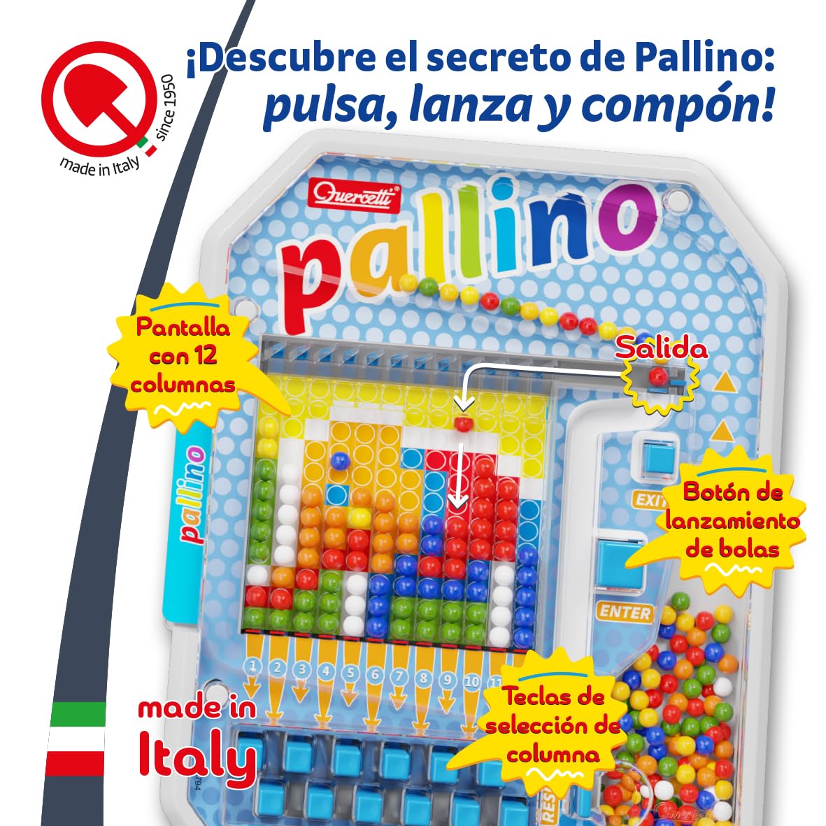 Quercetti Pallino Juego de Mosaicos Infantiles Niños 4-8 Años, Juegos Educativos de Bolitas de Colores, Juguetes Niños 4 Años, Manualidades, Made in Italy