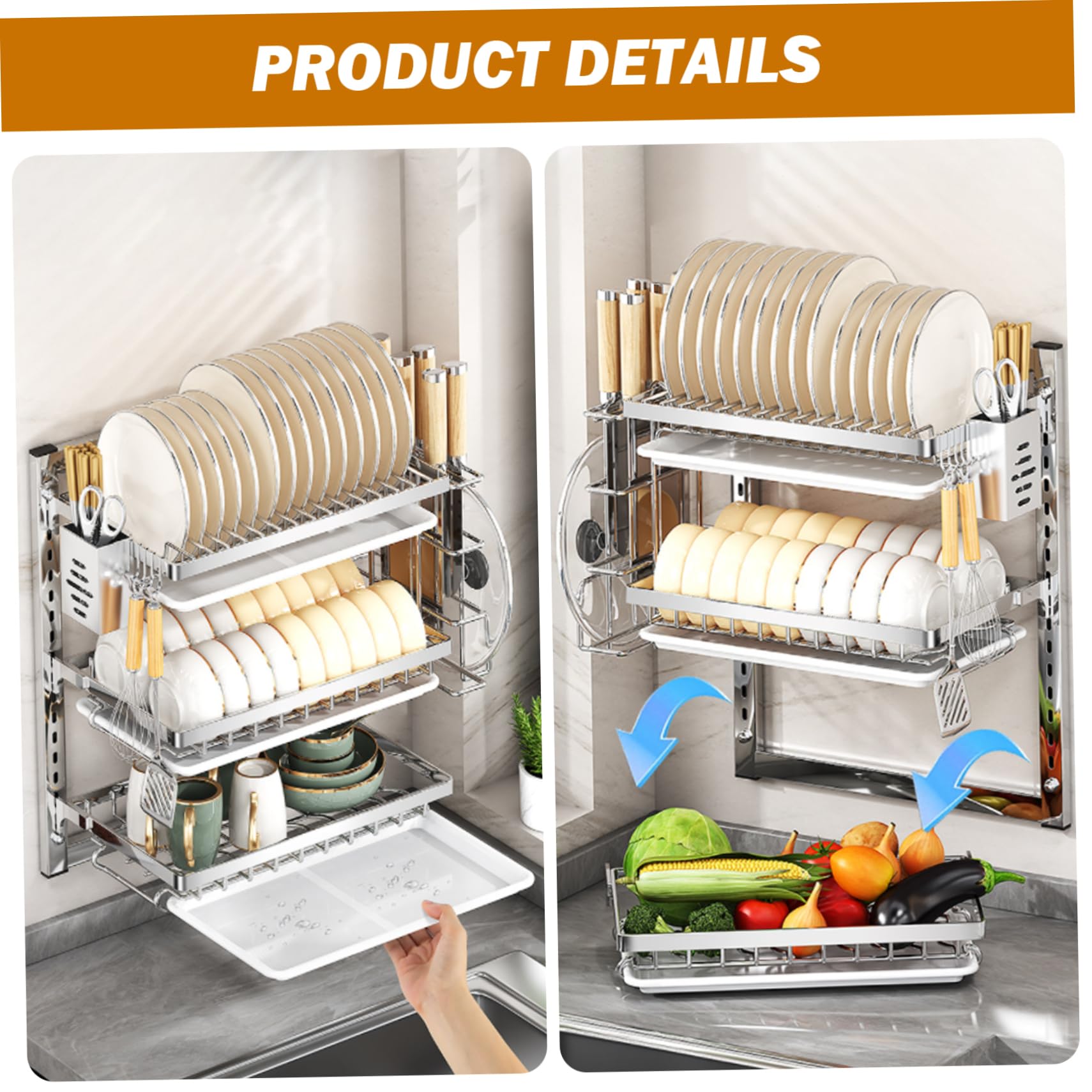 Escurridor de platos montado en la pared, acero inoxidable ajustable con escurridor y ganchos, organizador de cocina que ahorra espacio para un secado y almacenamiento eficientes
