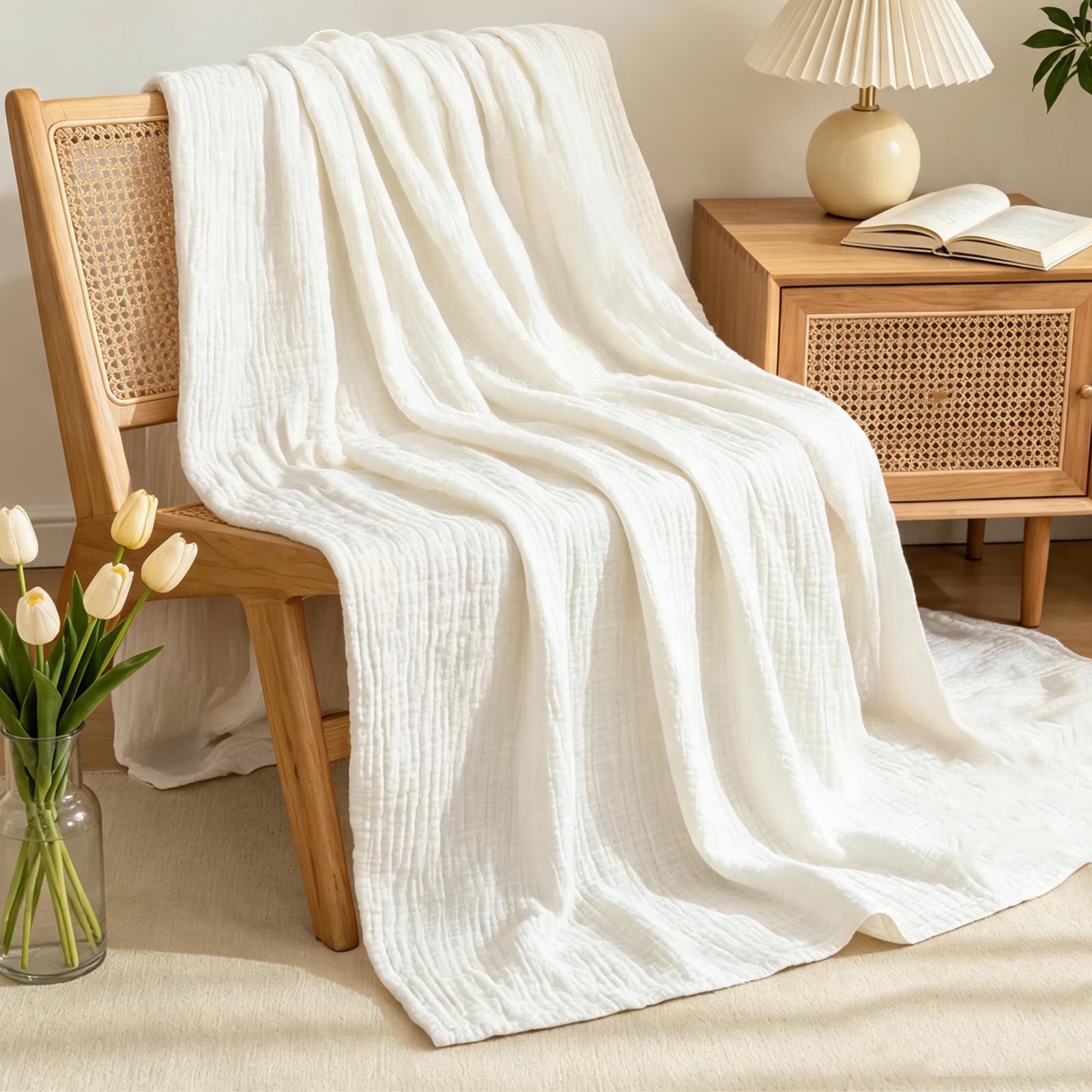 Musselin Decke 150x200 cm, Muselindecke Erwachsene 6-Lagige Atmungsaktive Weiche Baumwolldecke, Sommerdecke für Chlafzimmer, Wohnzimmer, Couch, Weiß