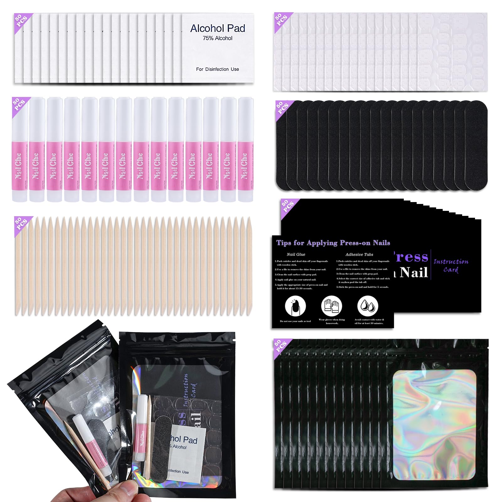 Disposable Nail Supplies Kits,Professional Manicure Press On Nail Tool Kit With Nail File,Adhesive Tabs,Nail Glue,Sticks, Prep Pads,Bags,Cards for Nail Business (Black-350pcs50set)
