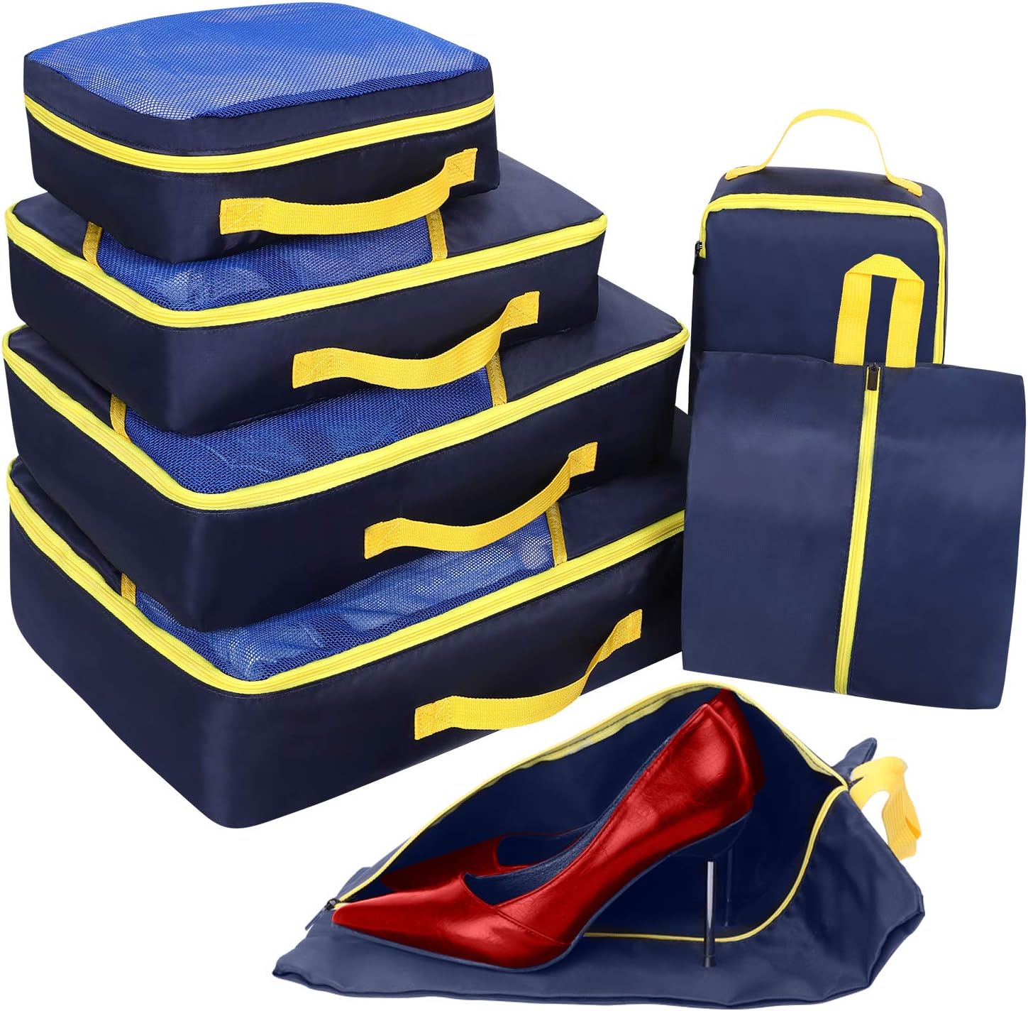 Packing Cubes 7-Piece, Faxsthy Waterproof Suitcase Organiser Luggage Compression Pouches for Travel, Home Storage (Blue+Yellow)