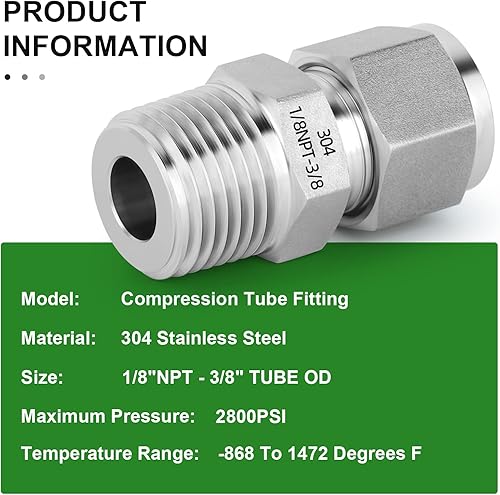 Miniatura 4 de TAISHER 2 conectores de montaje de tubo de compresión de acero inoxidable 304 (rosca plateada), tubo de 38 pulgadas OD x 18 pulgadas NPT macho