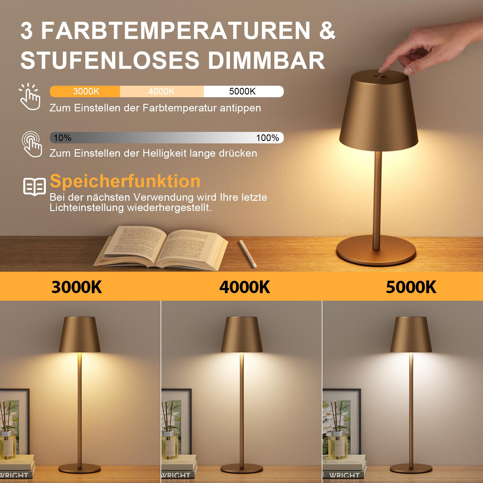 Tischlampe Kabellos 2 Stück, Touch, LED Akku Lampe für Outdoor Indoor
