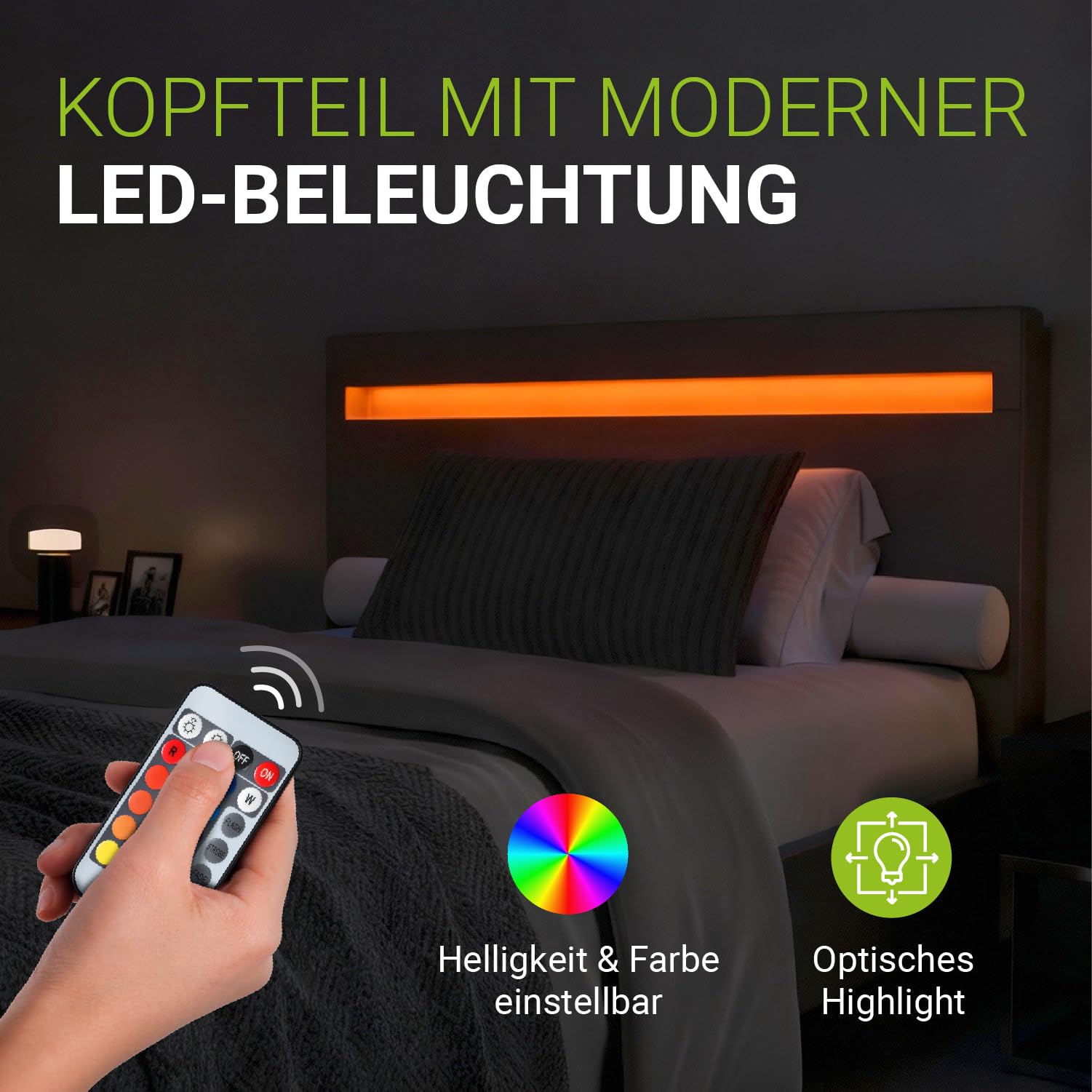 Juskys Polsterbett Paris 90x200 cm mit LED-Beleuchtung, Lattenrost & Kopfteil, Bett mit Gestell aus Holz & Webstoff Bezug, grau