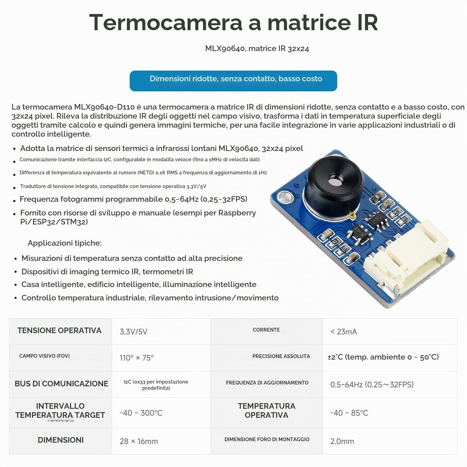 Waveshare MLX90640 Telecamera termica IR Array 32 × 24 pixel,campo visivo 110°,I2C interfaccia,supporta Raspberry Pi in varie applicazioni industriali o di controllo intelligente