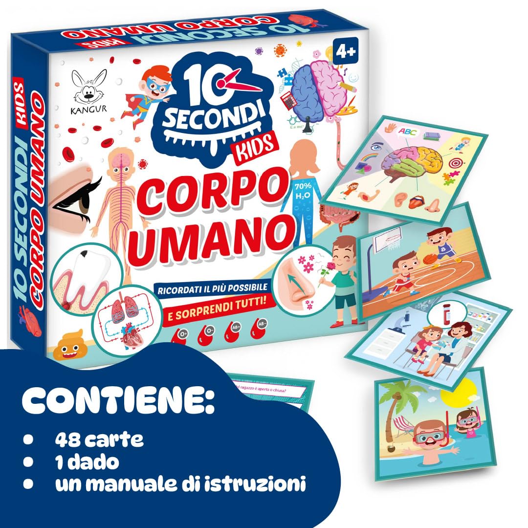 KANGUR 10 Secondi Kids Corpo Umano Gioco Educativo per Bambini 4+ con 48 Carte Sviluppa Memoria Concentrazione Osservazione Anatomia Umana
