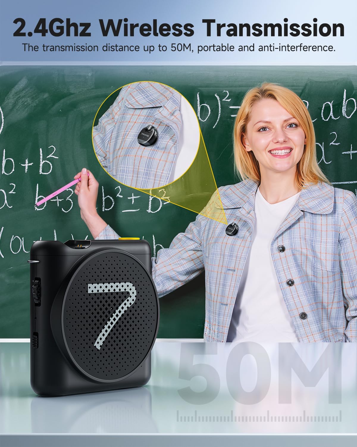 7RYMS WA2 Wireless Voice Amplifier for Teacher, Elderly with Magnetic Lavalier Mic, Personal Classroom Amplifier-Noise Canceling, 23H Working, 164ft Range, Mini Pa System for Teaching Tour Guide Yoga - Image 2