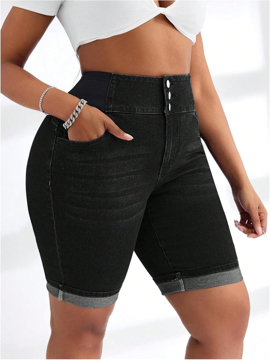 GORGLITTER Women's Plus Size Jean Shorts Stretchy High Waist Roll Hem Denim Bermuda Shorts Bottoms Dressy Casual - Image 3