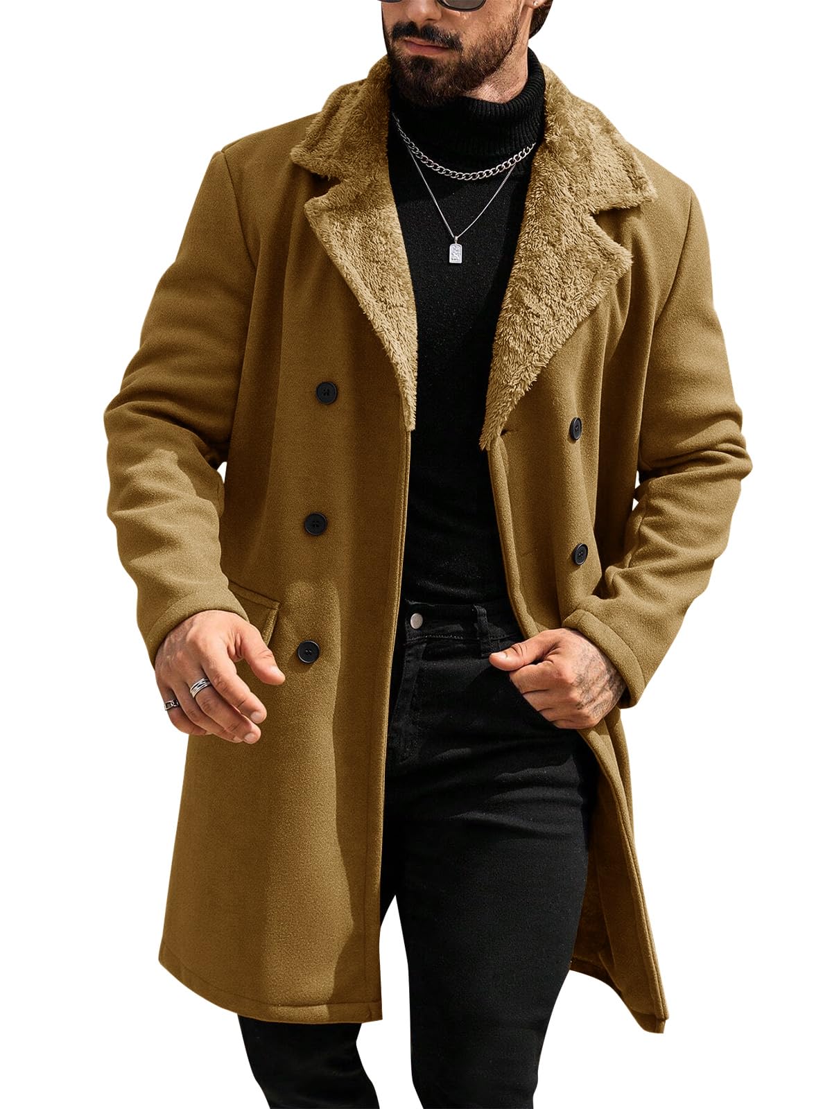 Runcati Mens Trench Coat Fleece Jacket Fall Winter Fuzzy Pea Coats Overcoat