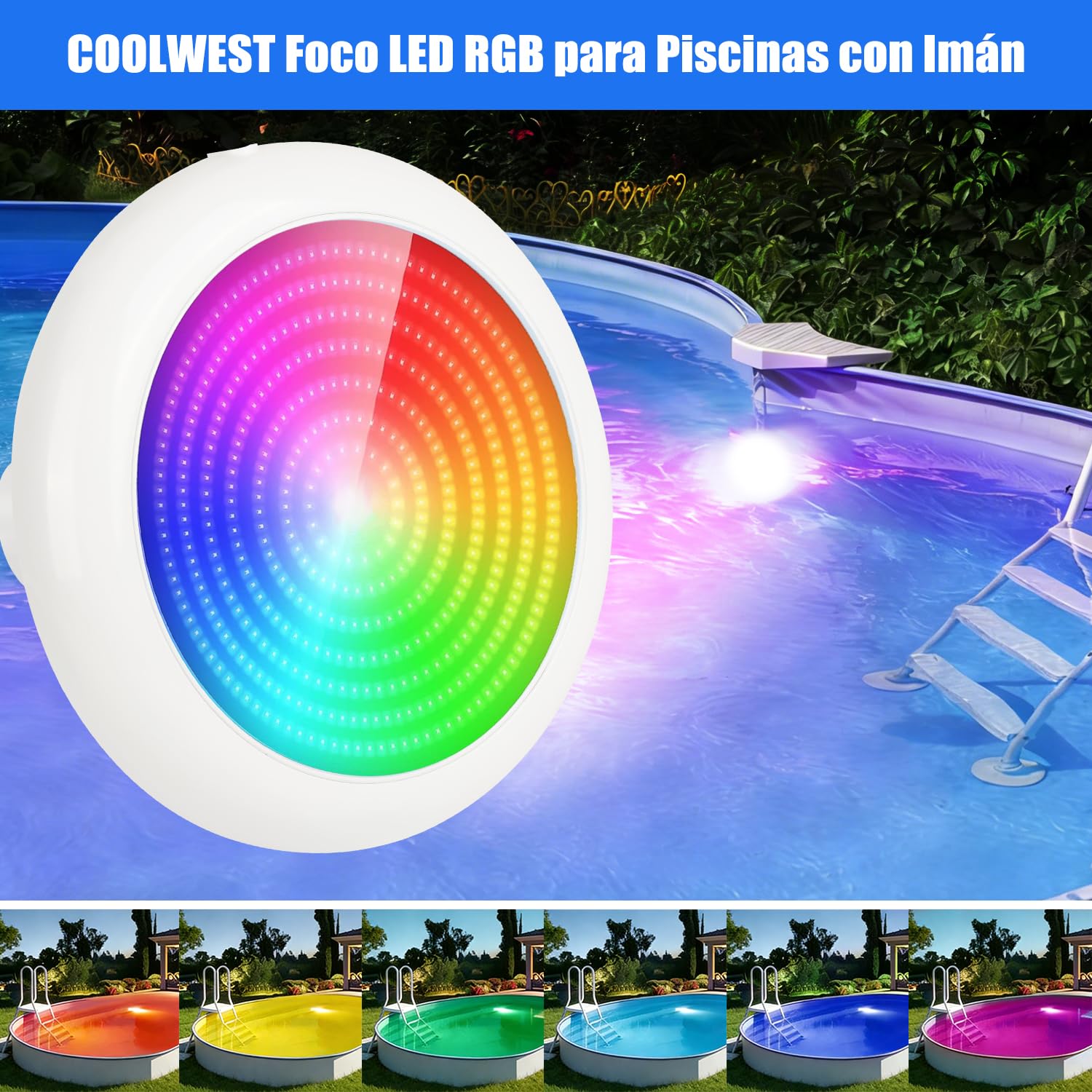 COOLWEST Luces Piscina Sumergible LED Magnética, 24W RGBW Focos Piscina Control de App/Remoto, IP68 Impermeable Focos Piscina para Piscine sobre Tierra Acero, Regulable, Temporizador, 12V, 7m Cable
