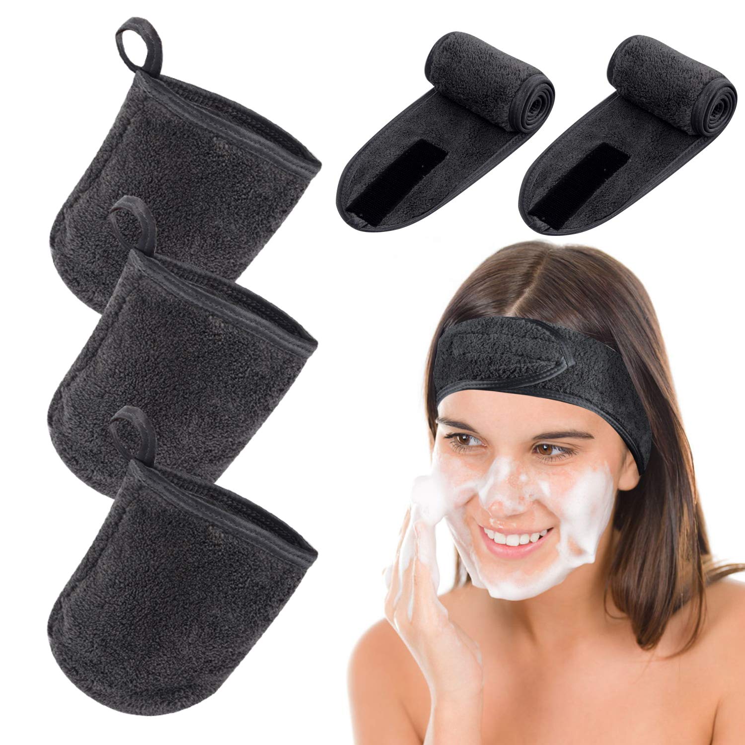 KinHwaReusable Makeup Remover Glove Microfibre Facial Mitts Set and Makeup Headband Gentle for Face Eyes Suit All Skin Dark-grey Dark-grey