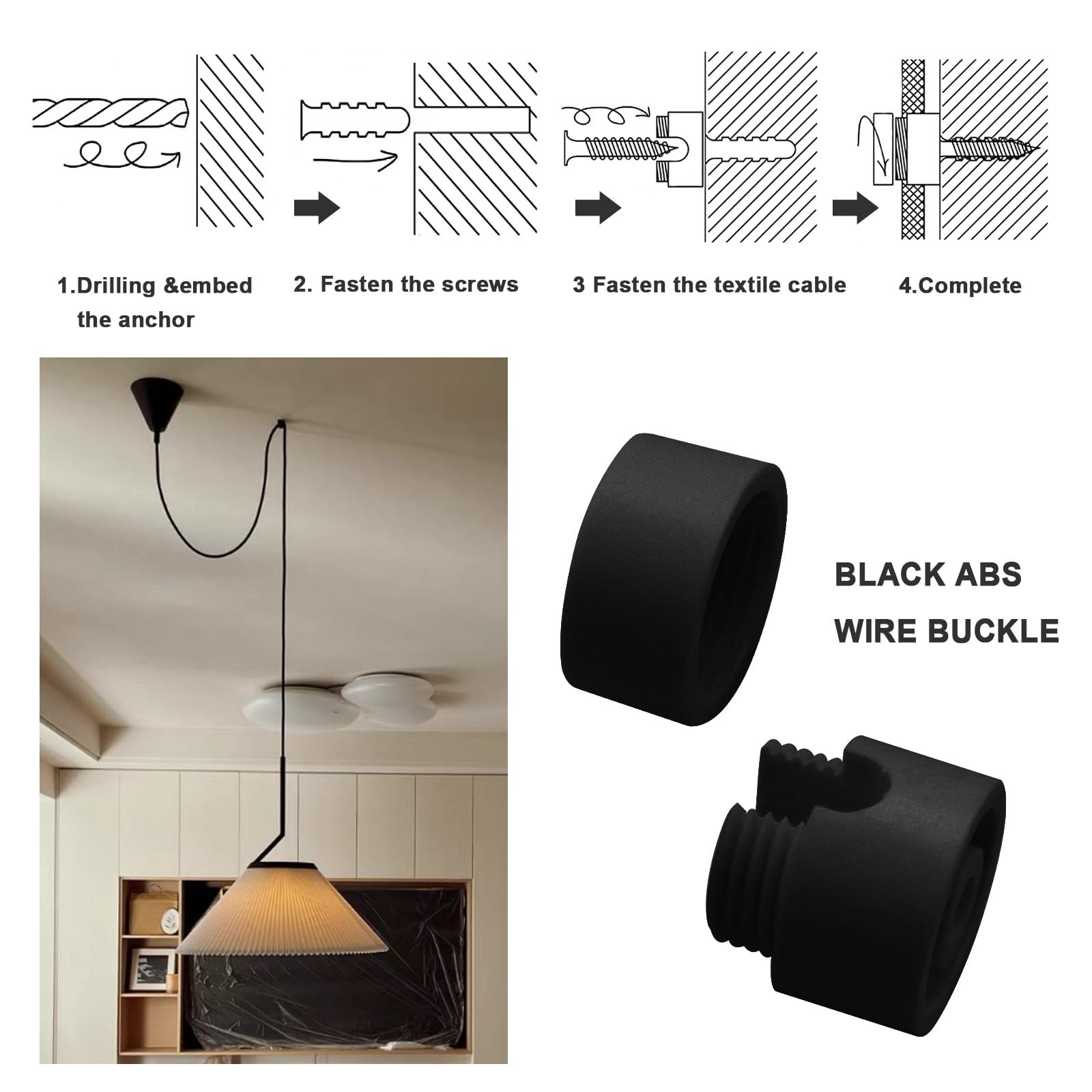 SG Store 5Pcs Ceiling Decentralizers Cable Holder Ceiling Mounts for Lamps DIY Textile Cable with 5pcs Screws and 5pcs Dowels, Black - Image 3